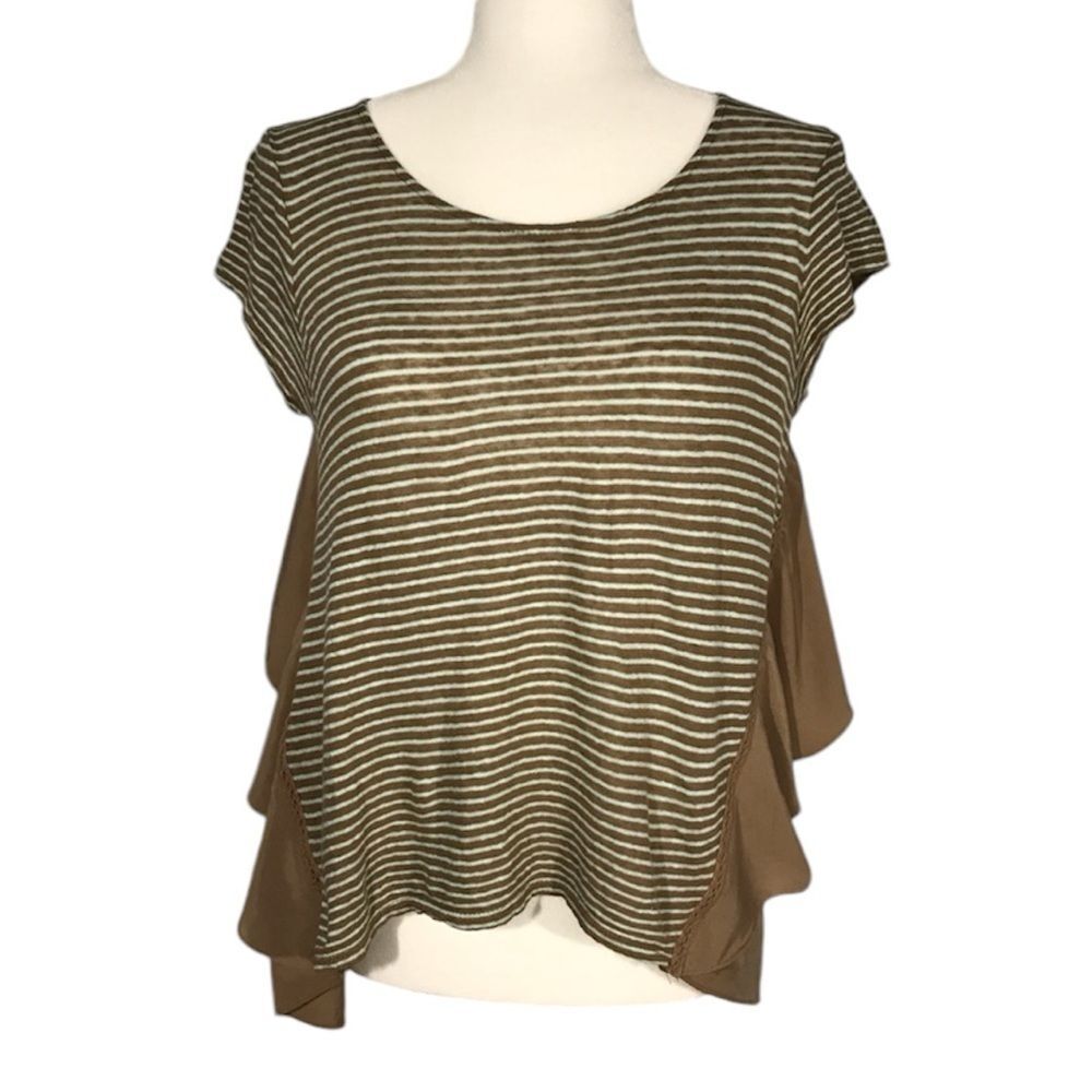 Anthropologie Meadow Rue High Low Ruffle Swing Top Brown Blue Stripe Women’s M